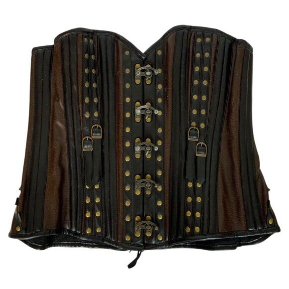 Top Drawer By Daisy Steel Boned Corset with Rivets XXL Black Brown Faux Leather - Picture 1 of 5